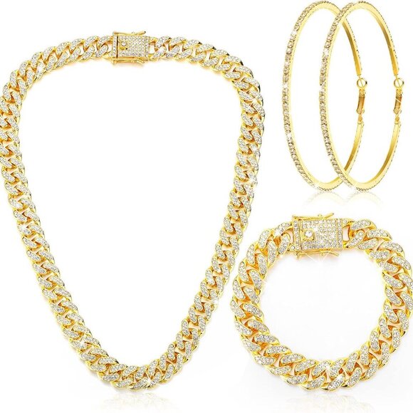 Cuban Link Chain Necklace Bracelet Rhinestone Earrings Bling Necklace Bracelet C - Picture 1 of 6